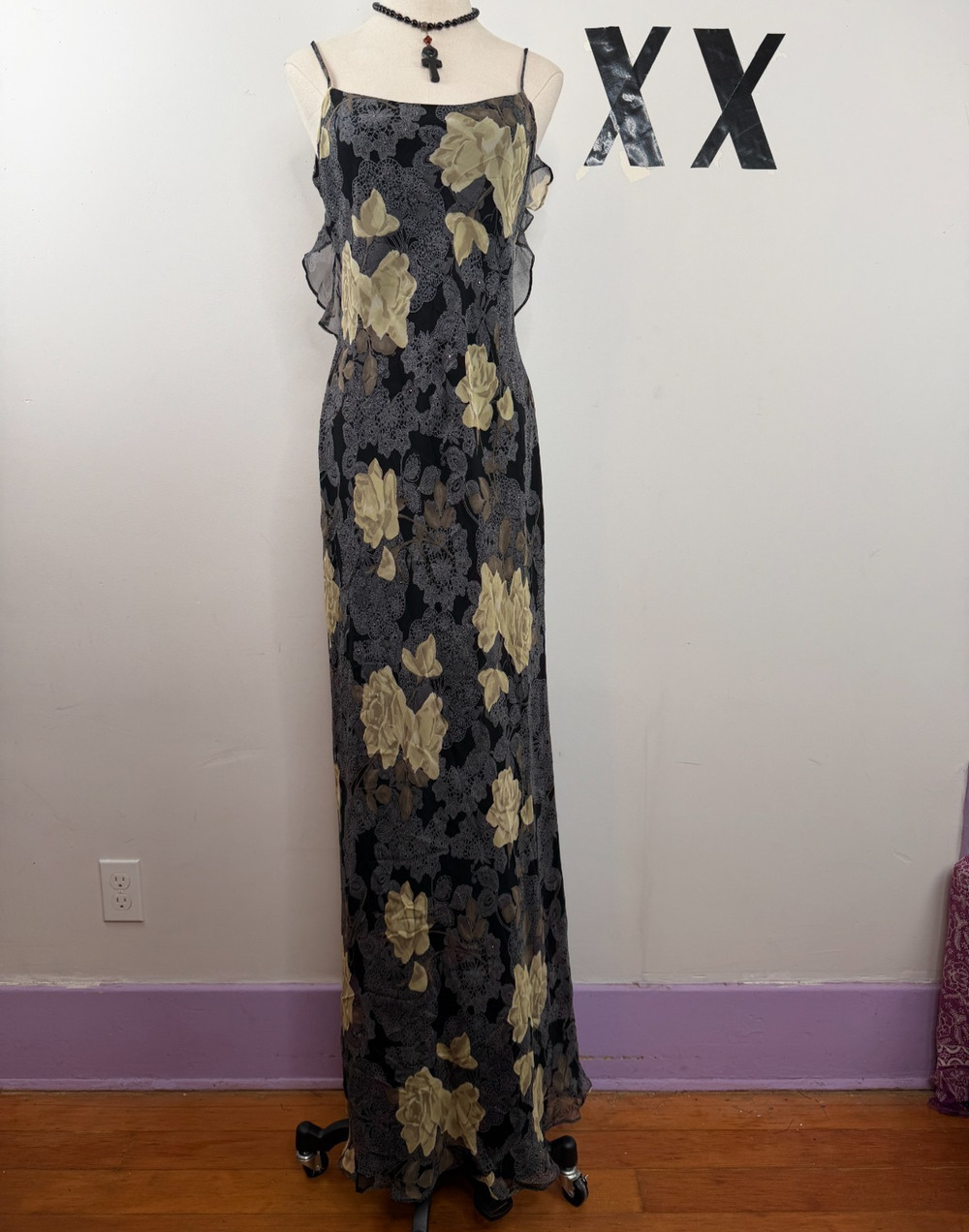 Vintage 90s Black Floral Silk Chiffon Fairy Backless Ruffle Maxi Slip Dress 10